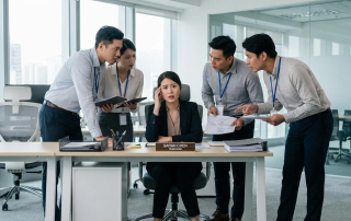 Novo líder em escritório corporativo demonstrando incerteza diante da equipe por falta de preparo em soft-skills